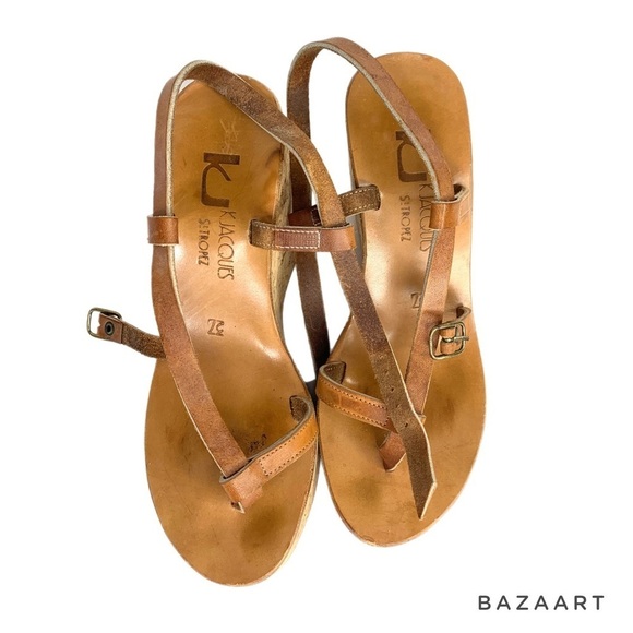 K Jacques St Tropez Brown Leather Strapped Cork Wedges Sz: 6.5 US/ 37. EU - Picture 8 of 9